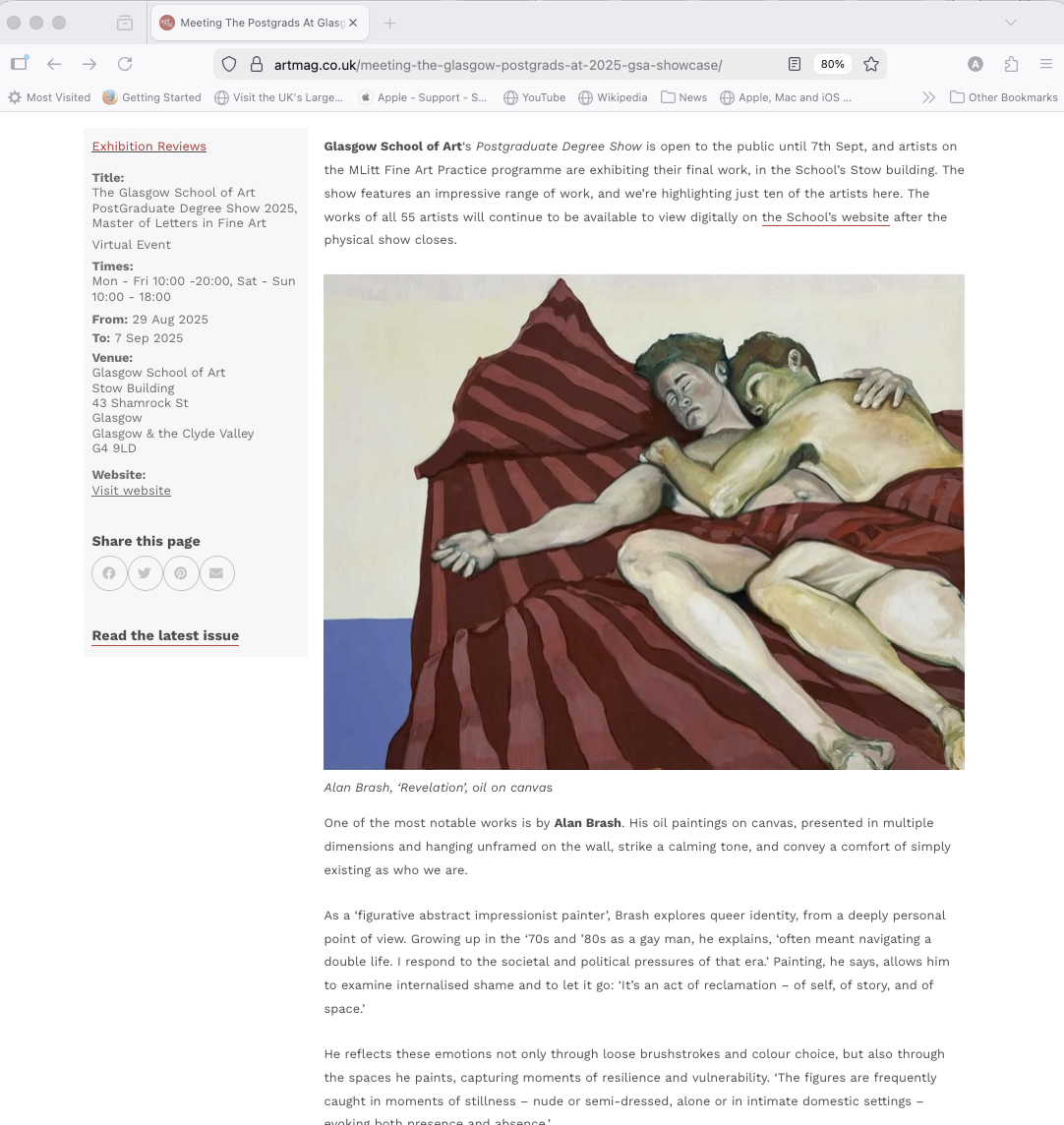 Screenshot of the ArtMag UK review featuring Alan Brash's work from the 2025 GSA Postgraduate Degree Show.